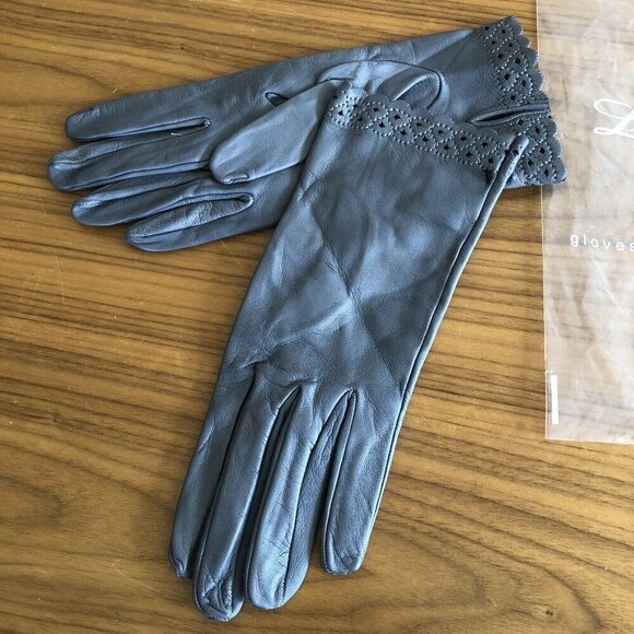Luciano Firenze Gray Leather Gloves Etched Border Made in Italy Luxury Quality - Picture 4 of 9